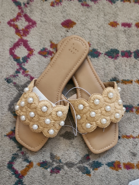 a new day Shoes - a new day Pearl-Embellished Straw Slide Sandals in Beige